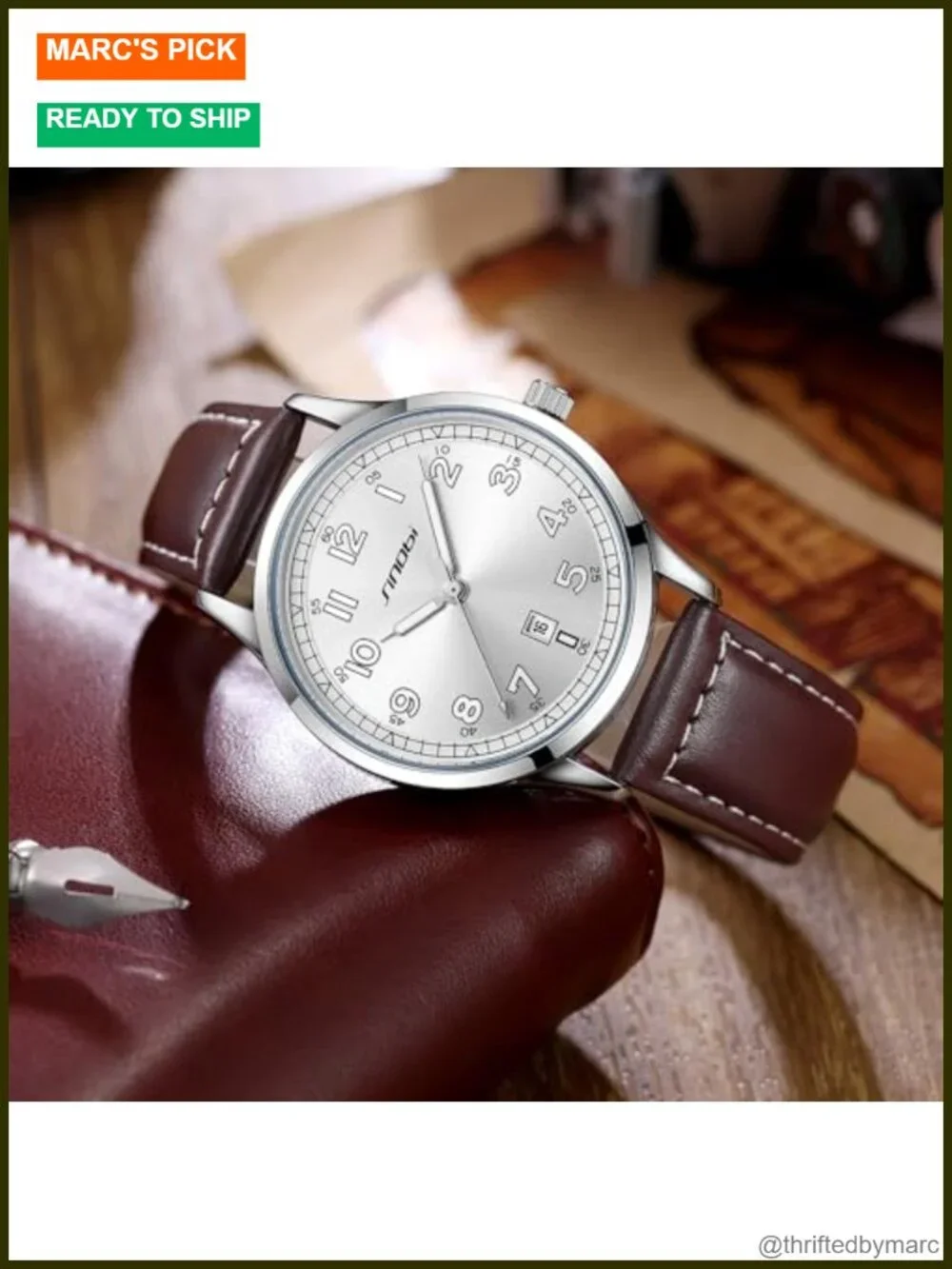 Classic Quartz Dress Watch with Arabic Numerals Date Calendar Leather Strap